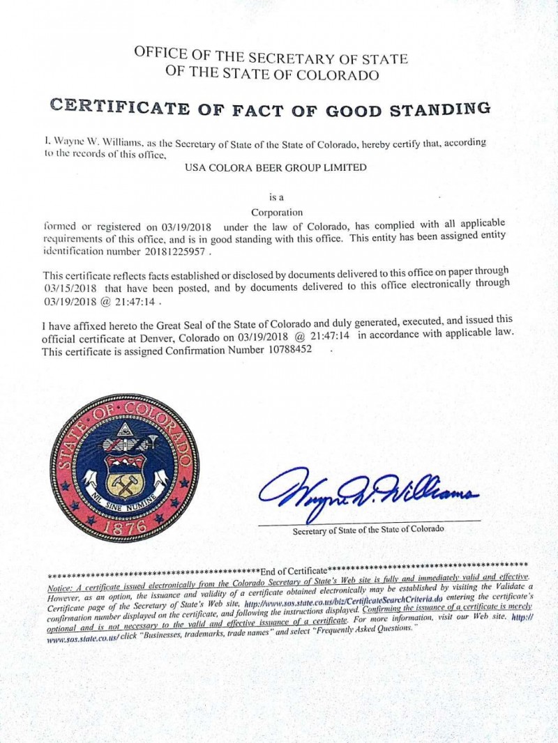 CERTIFICATE OF FACT OF GOOD STANDING